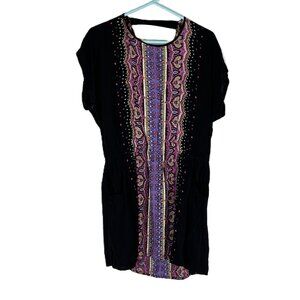 Angie BoHo Shirt Dress Cap Sleeve Floral Black L